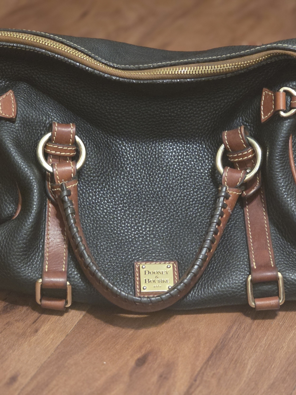 Dooney & Bourke Black Pebbled Leather Satchel with Brown Trim